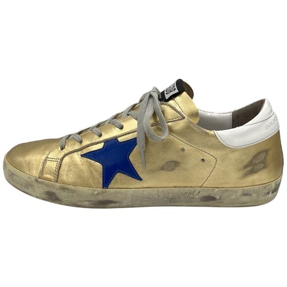 Golden Goose Superstar Low Top Sneakers Gold Leather with Red and Blue Stars - Picture 2 of 9
